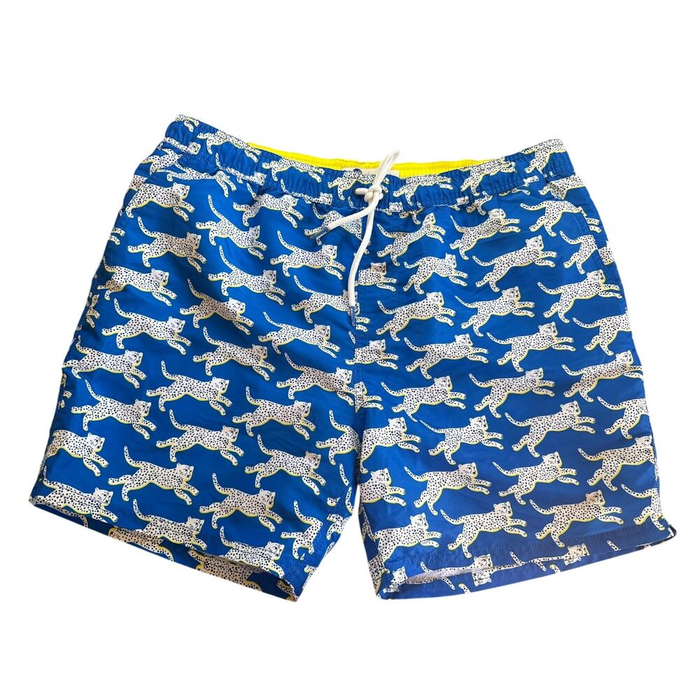 Boden Men's Cheetah Print Blue Swim Trunks Size Large